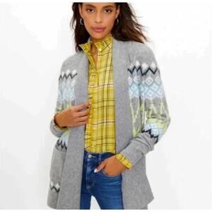 LOFT Grey Fair Isle Open Front Cardigan Sweater Size XS